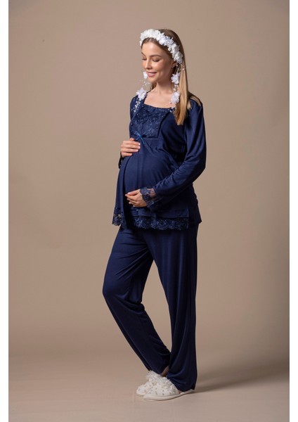 Lacivert Sabahlıklı Hamile Lohusa Pijama Takımı
