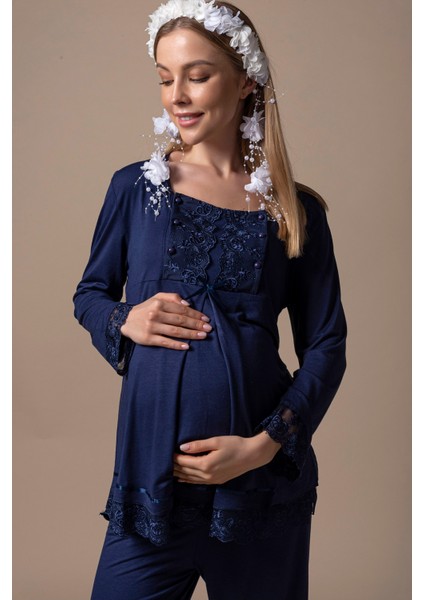 Lacivert Sabahlıklı Hamile Lohusa Pijama Takımı