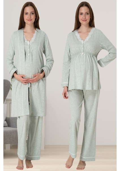 Yeşil Sabahlıklı Hamile Lohusa Pijama Takımı