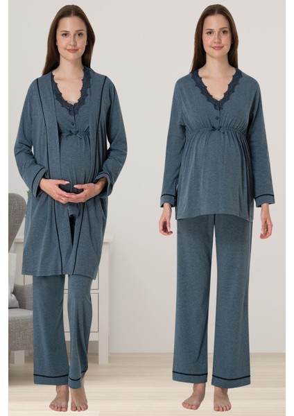 Antrasit Sabahlıklı Hamile Lohusa Pijama Takımı