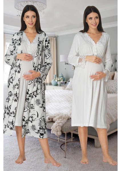 Ekru Sabahlıklı Hamile Lohusa Gecelik Takım
