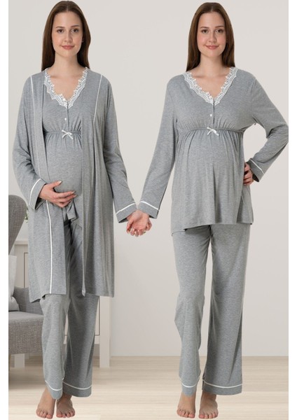 Gri Melanj Sabahlıklı Hamile Lohusa Pijama Takımı