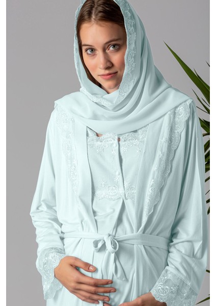 Turkuaz Tesettürlü Sabahlıklı Hamile Lohusa Pijama Takımı