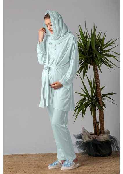 Turkuaz Tesettürlü Sabahlıklı Hamile Lohusa Pijama Takımı fiyatları