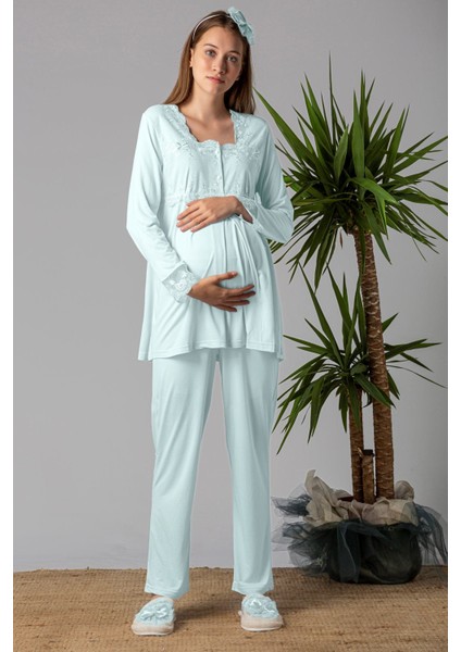 Turkuaz Tesettürlü Sabahlıklı Hamile Lohusa Pijama Takımı modelleri