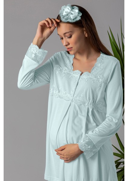 Turkuaz Tesettürlü Sabahlıklı Hamile Lohusa Pijama Takımı fırsatları