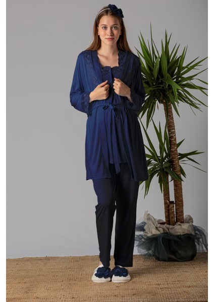 Lacivert Sabahlıklı Hamile Lohusa Pijama Takımı