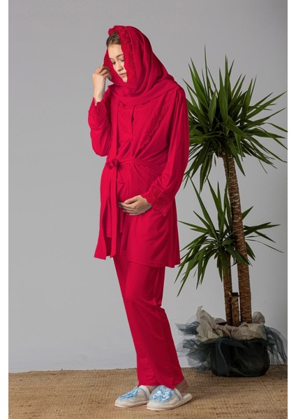 Vişne Tesettürlü Sabahlıklı Hamile Lohusa Pijama Takımı fiyatları