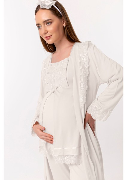 Ekru Sabahlıklı Hamile Lohusa Pijama Takımı modelleri
