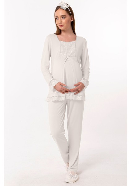 Ekru Sabahlıklı Hamile Lohusa Pijama Takımı fırsatları