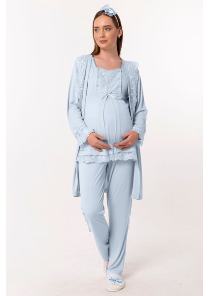Mavi Sabahlıklı Hamile Lohusa Pijama Takımı