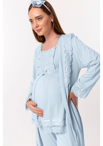 Mavi Sabahlıklı Hamile Lohusa Pijama Takımı fiyatları