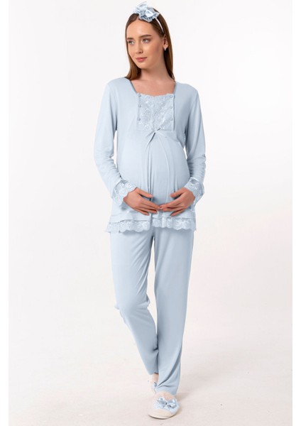 Mavi Sabahlıklı Hamile Lohusa Pijama Takımı modelleri