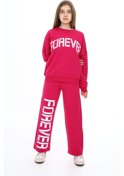 Kız Çocuk Forever Baskılı Geniş Paçalı 2 Iplik Eşofman Takımı PX7122 modelleri