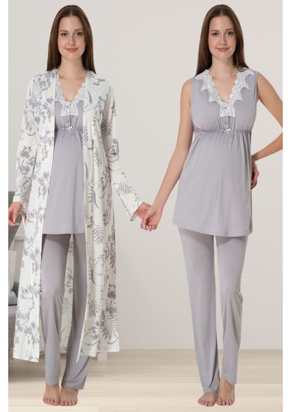 Gri Sabahlıklı Hamile Lohusa Pijama Takımı