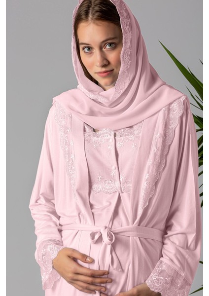 Pembe Tesettürlü Sabahlıklı Hamile Lohusa Pijama Takımı