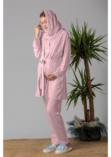 Pembe Tesettürlü Sabahlıklı Hamile Lohusa Pijama Takımı fiyatları
