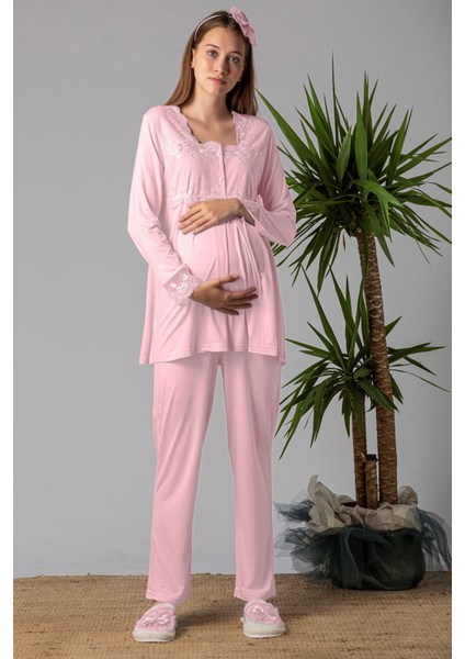 Pembe Tesettürlü Sabahlıklı Hamile Lohusa Pijama Takımı modelleri