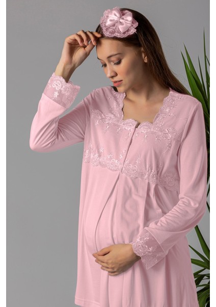 Pembe Tesettürlü Sabahlıklı Hamile Lohusa Pijama Takımı fırsatları