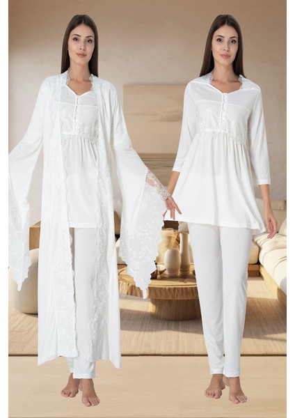 Ekru Sabahlıklı Hamile Lohusa Pijama Takımı