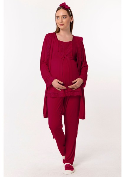 Vişne Sabahlıklı Hamile Lohusa Pijama Takımı