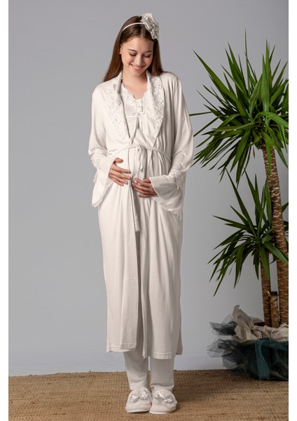 Ekru Sabahlıklı Hamile Lohusa Pijama Takımı