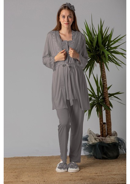Füme Sabahlıklı Hamile Lohusa Pijama Takımı