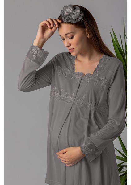 Füme Sabahlıklı Hamile Lohusa Pijama Takımı indirimleri