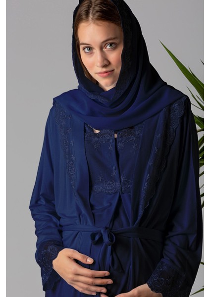 Lacivert Tesettürlü Sabahlıklı Hamile Lohusa Pijama Takımı