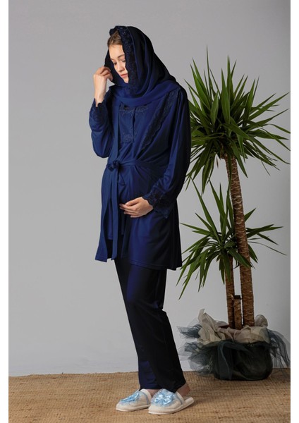 Lacivert Tesettürlü Sabahlıklı Hamile Lohusa Pijama Takımı