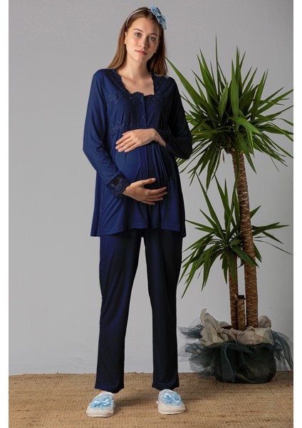 Lacivert Tesettürlü Sabahlıklı Hamile Lohusa Pijama Takımı