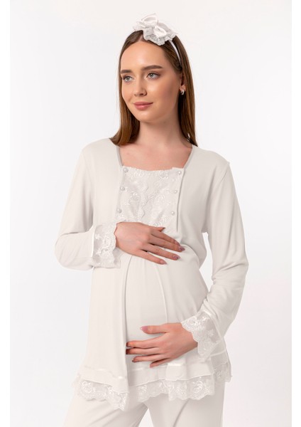 Ekru Sabahlıklı Hamile Lohusa Pijama Takımı