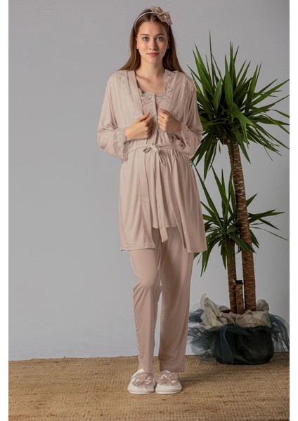 Kahverengi Sabahlıklı Hamile Lohusa Pijama Takımı