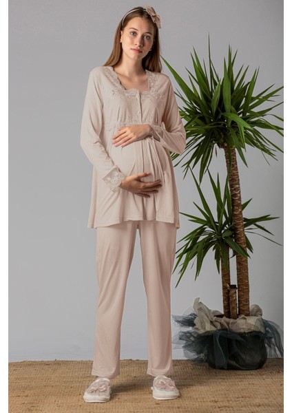 Kahverengi Sabahlıklı Hamile Lohusa Pijama Takımı fırsatları
