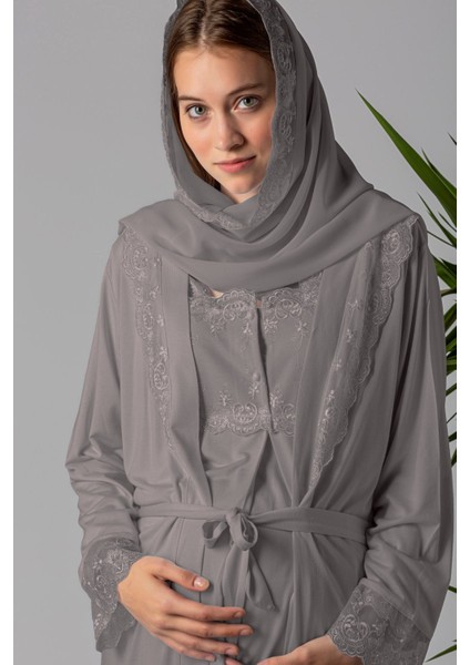 Füme Tesettürlü Sabahlıklı Hamile Lohusa Pijama Takımı