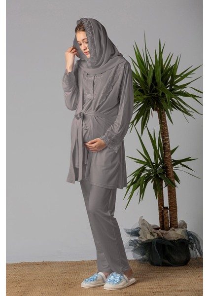 Füme Tesettürlü Sabahlıklı Hamile Lohusa Pijama Takımı fiyatları