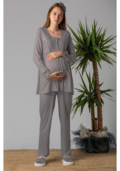 Füme Tesettürlü Sabahlıklı Hamile Lohusa Pijama Takımı modelleri