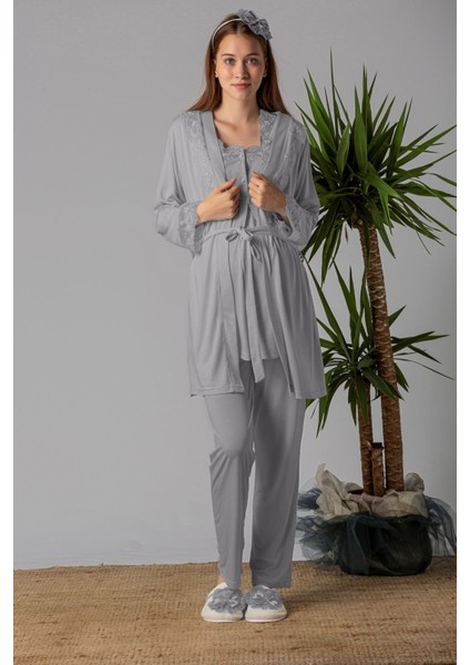 Gri Sabahlıklı Hamile Lohusa Pijama Takımı