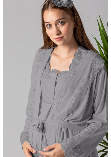Gri Sabahlıklı Hamile Lohusa Pijama Takımı