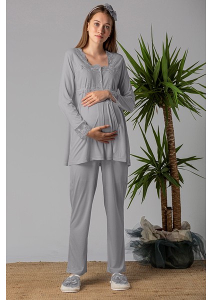 Gri Sabahlıklı Hamile Lohusa Pijama Takımı