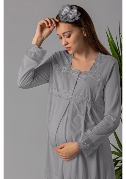 Gri Sabahlıklı Hamile Lohusa Pijama Takımı