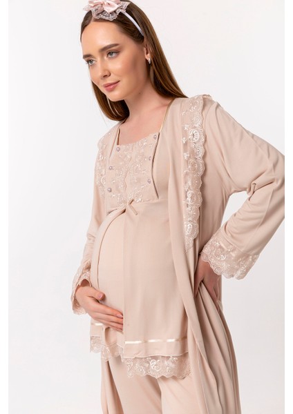 Kahverengi Sabahlıklı Hamile Lohusa Pijama Takımı