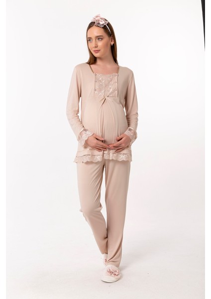 Kahverengi Sabahlıklı Hamile Lohusa Pijama Takımı