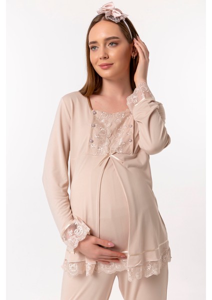 Kahverengi Sabahlıklı Hamile Lohusa Pijama Takımı