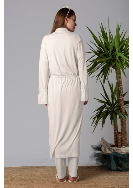 Ekru Sabahlıklı Hamile Lohusa Pijama Takımı