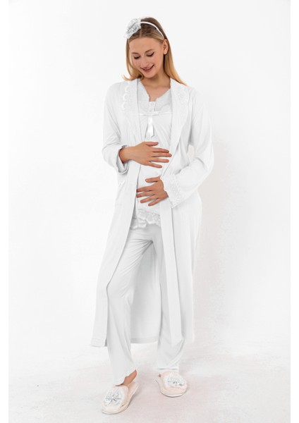 Ekru Sabahlıklı Hamile Lohusa Pijama Takımı