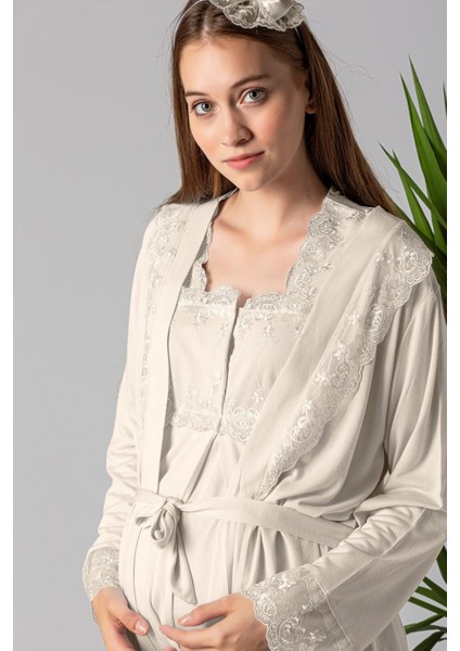 Ekru Sabahlıklı Hamile Lohusa Pijama Takımı