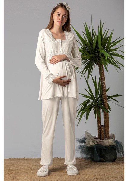Ekru Sabahlıklı Hamile Lohusa Pijama Takımı