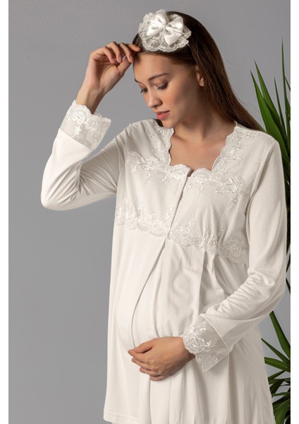 Ekru Sabahlıklı Hamile Lohusa Pijama Takımı