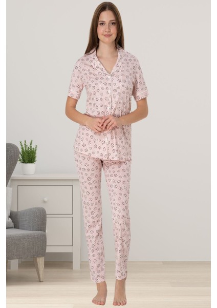 Pembe Önden Düğmeli Kadın Pijama Takımı